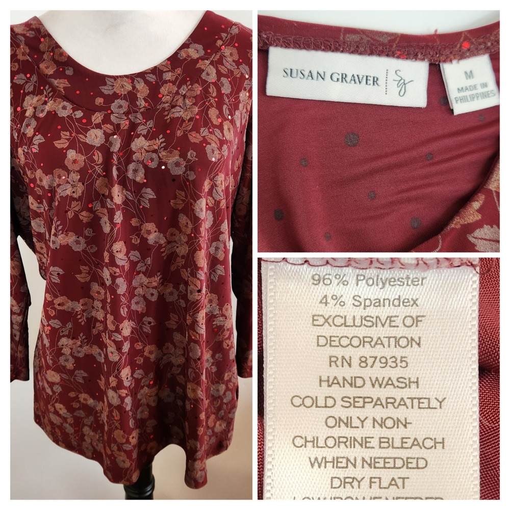Susan Graver Burgundy Floral 3/4 Sleeve Sequin Top Size Medium Fall Autumn Shirt - Picture 5 of 8